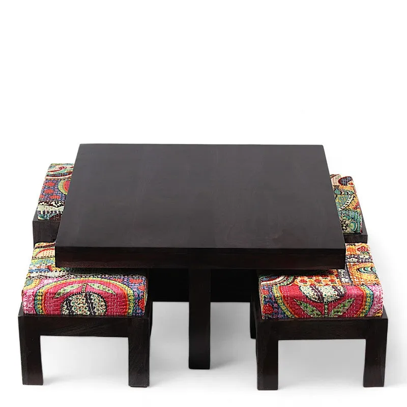 Evrino Sheesham Wooden Center Table with Stools and Cushions (Deep Brown,Multicolor) - Nine Piece Set media 5