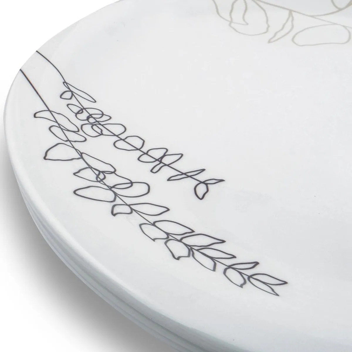 Close view of glossy white plate showing delicate dark botanical line detailing