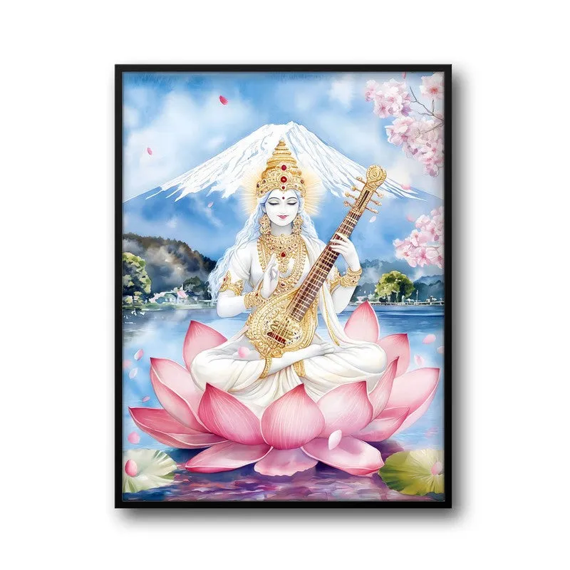 Padmasana Saraswati Spiritual Archival Paper Wall Painting With Frame - Black media 5