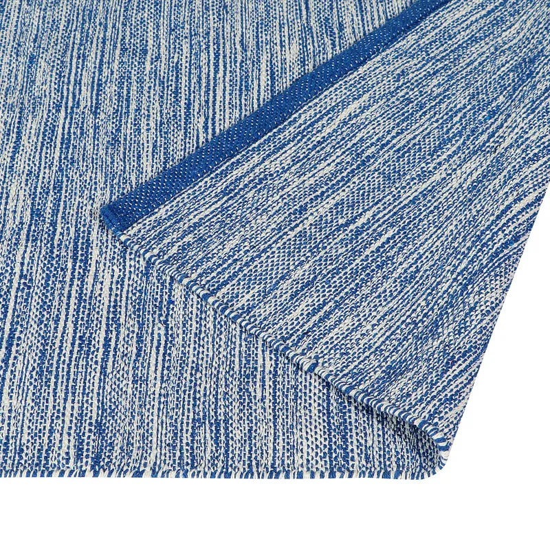 Close-up of the blue and white textured runner rug corner