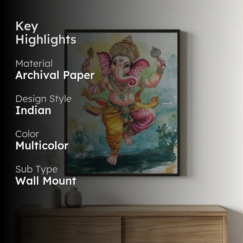 Nritya Ganesha Spiritual Archival Paper Wall Painting With Frame - Black media 2