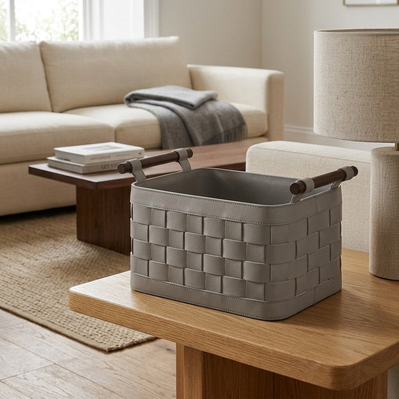 Elegra Faux Leather Storage Basket - Grey