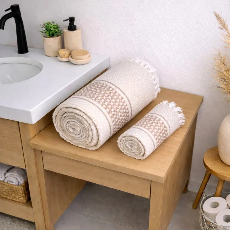 MosacStrip Cotton Hand & Bath Towel (Beige) - Set of Two media 1