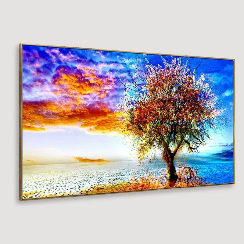 Angled view of a framed multicolour scenic wall painting