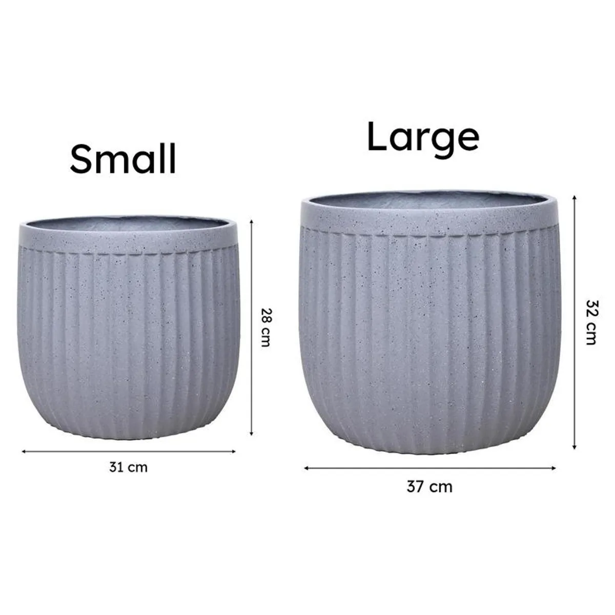 Small and large grey ribbed planters shown side by side with measurements.