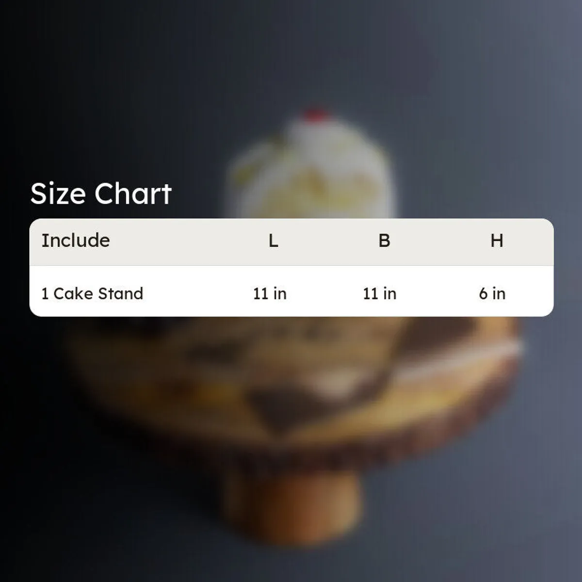 Size chart graphic for cake stand
