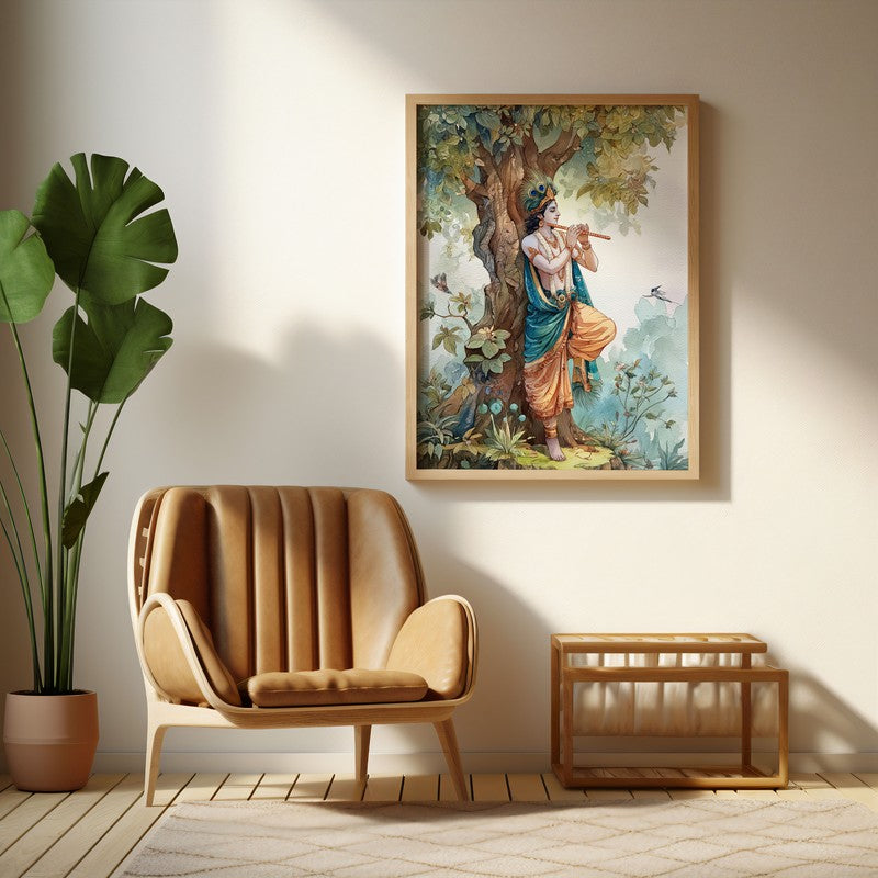 Sri Krishna Charming Fluit Playing Archival Paper Wall Art - Natural Brown Frame