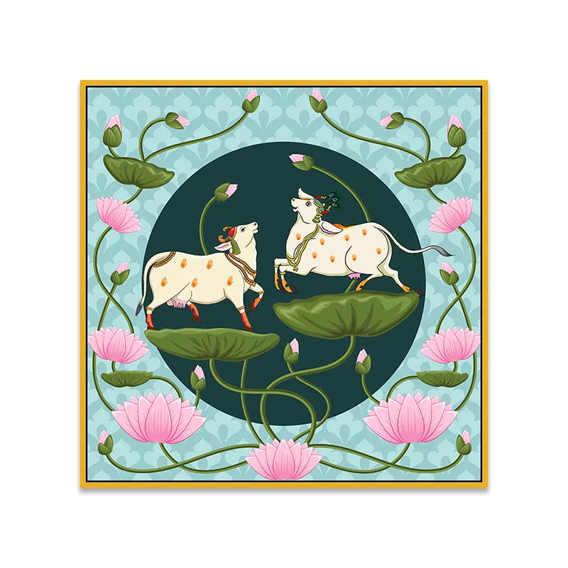 Lotus Pastures Canvas Wall Painting With Frame - Gold media 6
