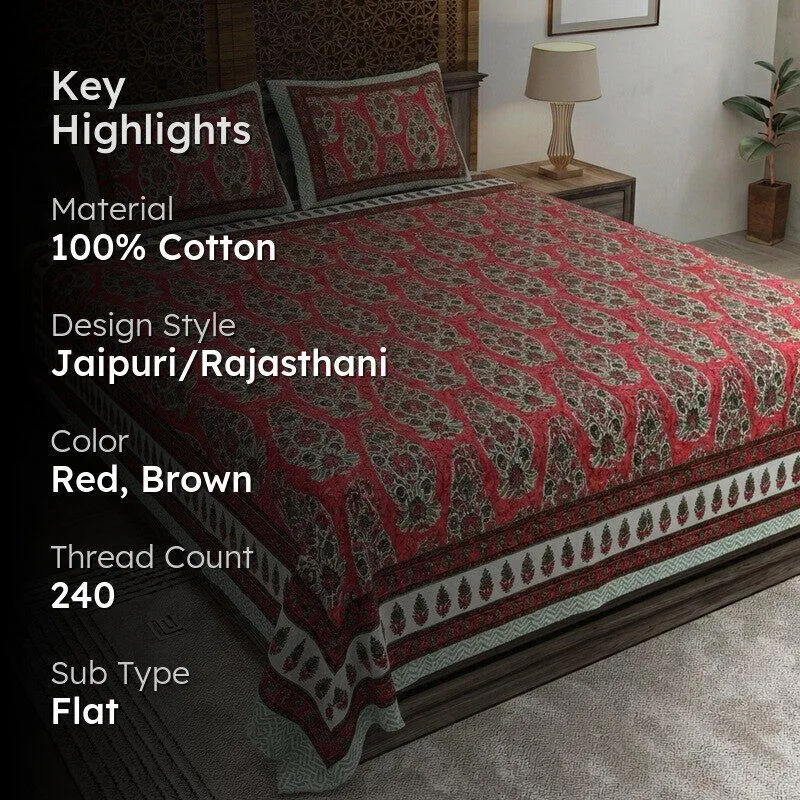 Floray Cotton Bedsheet (Red,Brown) - 240 TC media 2