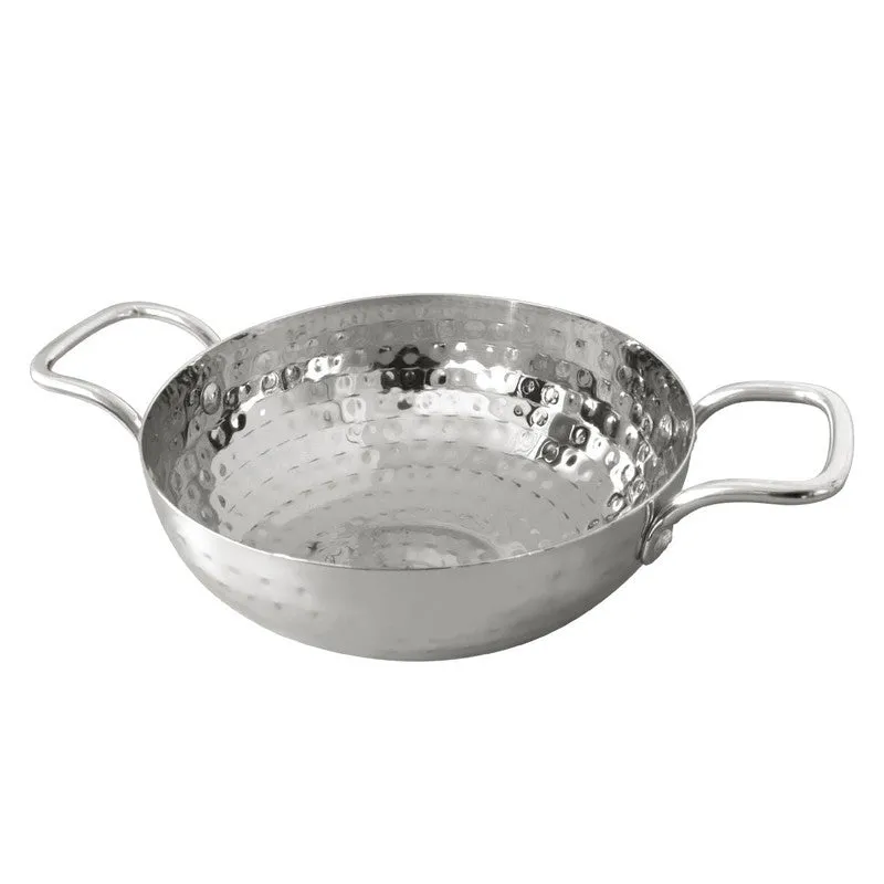 Silver hammered kadhai shown from the front on a white background