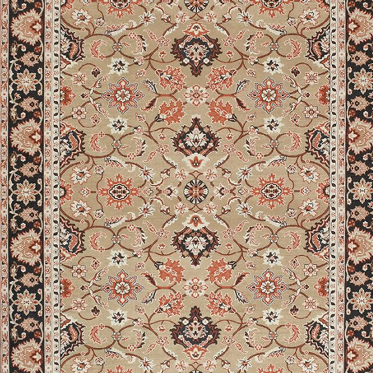 Close-up of beige carpet with repeating floral and medallion motifs