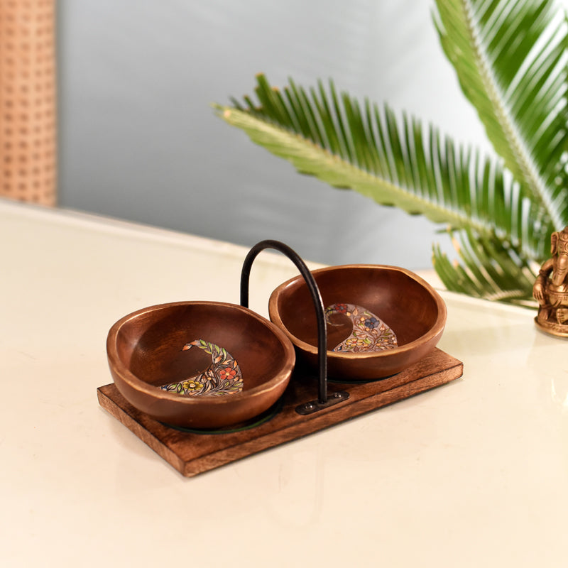 Paisley Motif Wood Dip Bowl With Stand - Three Piece Set