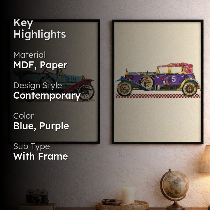 RetroRide Paper Wall Painting With MDF Frame - Set Of Two media 2