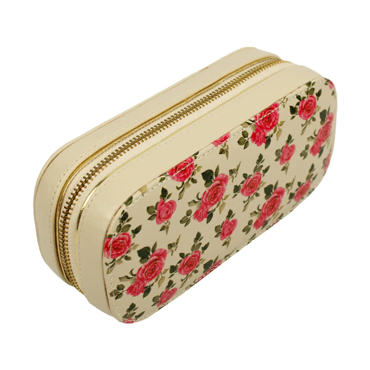 Angled view of the ivory jewel box featuring a pink rose floral exterior
