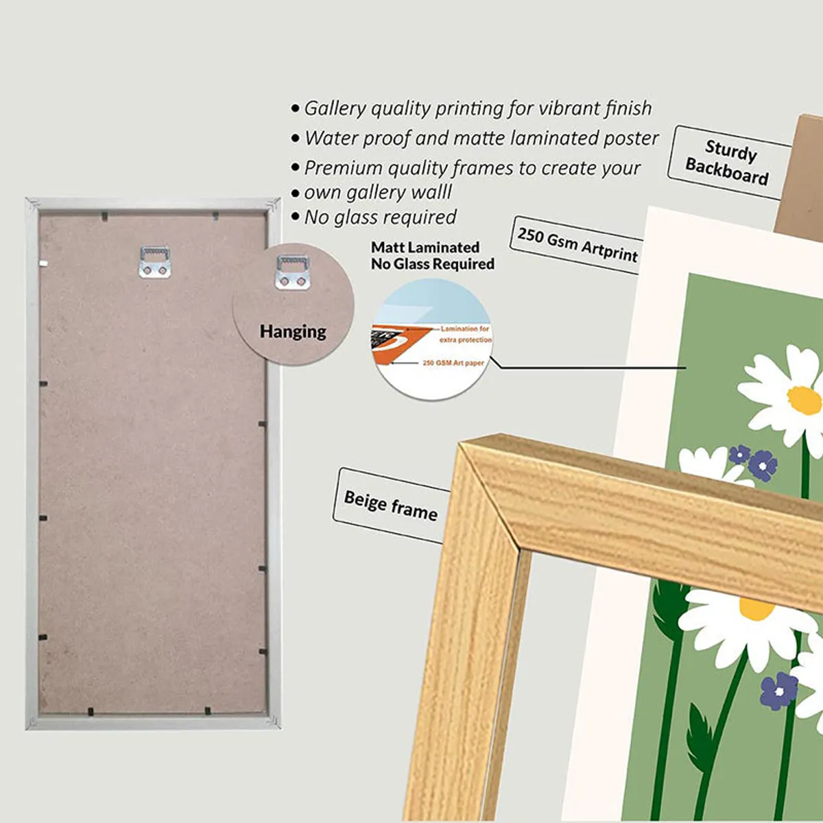 Back view of framed wall art with hanging hardware and beige frame corner