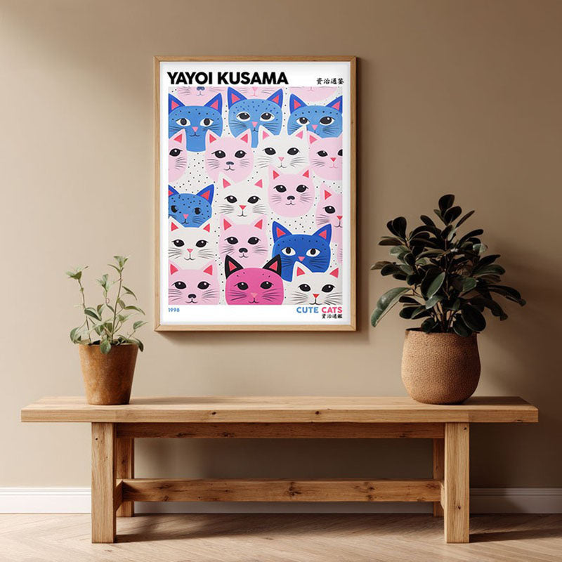Cute Cats Inspired by Yayoi Kusama Archival Canvas Wall Art - Natural Brown Frame