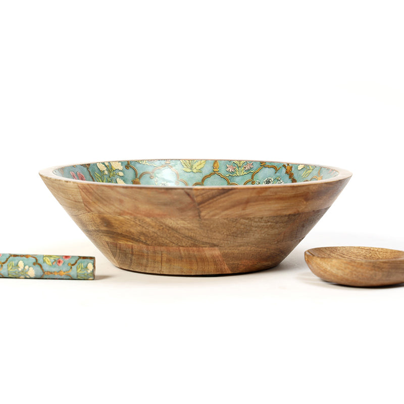 Fleur Jharokha Enamel Coated Mango Wood Salad Bowl With Cutlery (900 mL) - Three Piece Set media 7