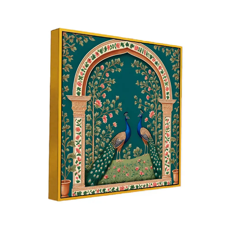 Vibrant Mayura Duo Canvas Wall Painting With Frame - Gold media 3