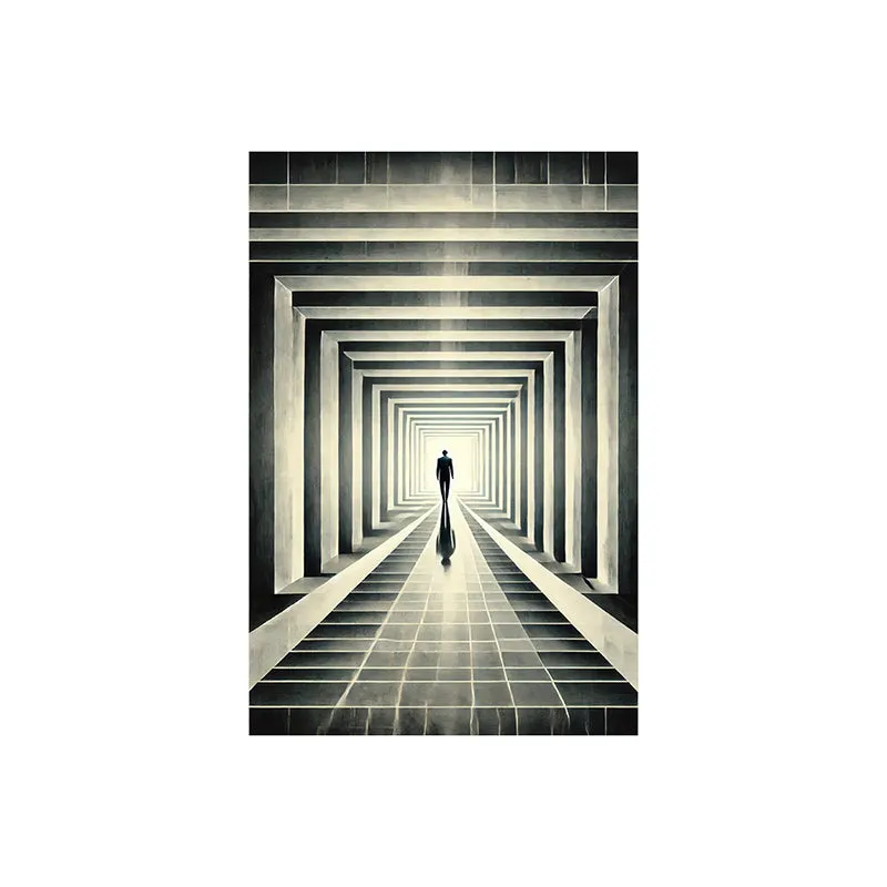 Front view of geometric tunnel wall painting with a lone figure