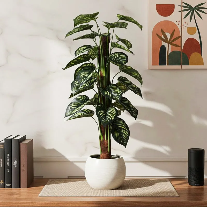 Faux Pola Calatheas Plant With Black Plastic Pot - 2.95 ft media 1