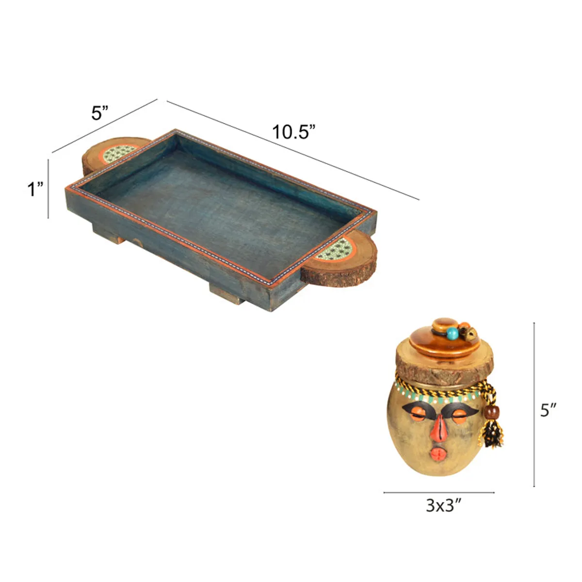 Two face-detail jars and a blue tray shown with dimensional measurements