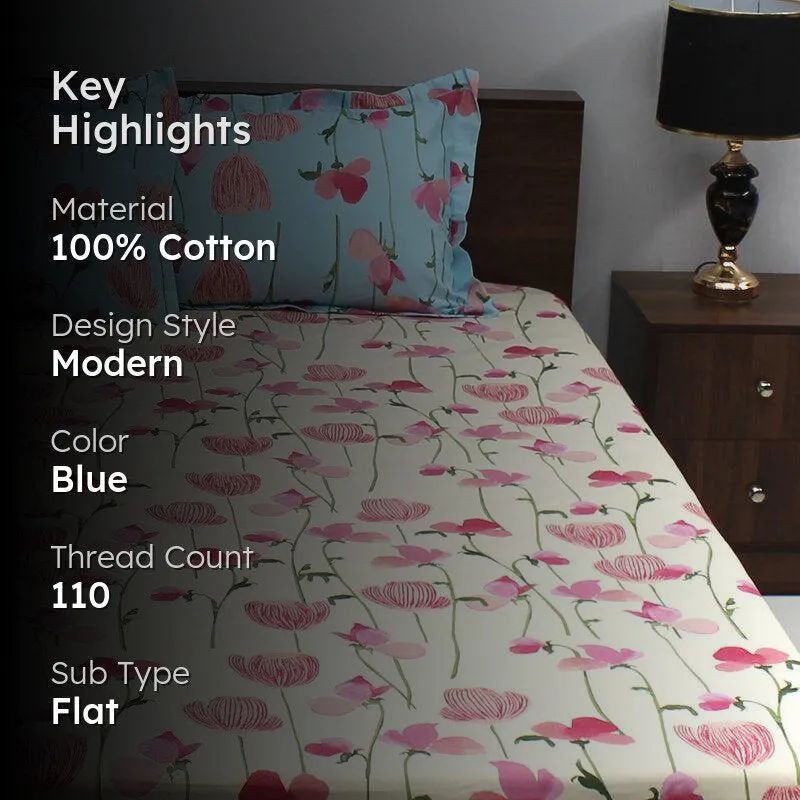 Prisha Floral Cotton Bedsheet (Blue,Pink) - 110 TC media 2