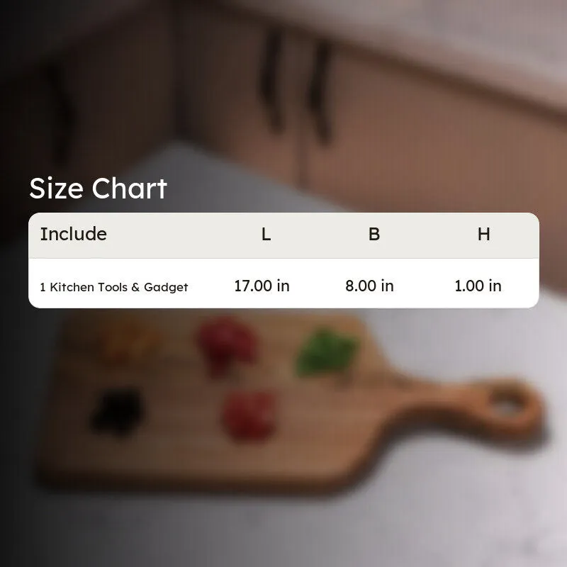 Brown wooden chopping board shown against a softly blurred kitchen background