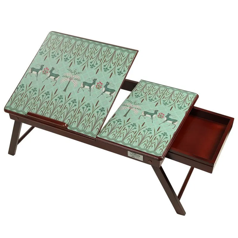 Laptop stand opened to show its side storage compartment