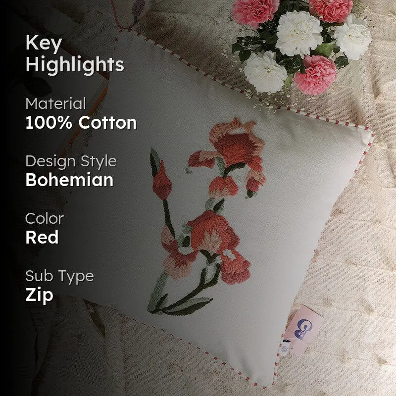 Crimson Lily Embroidered Cotton Cushion Cover media 2