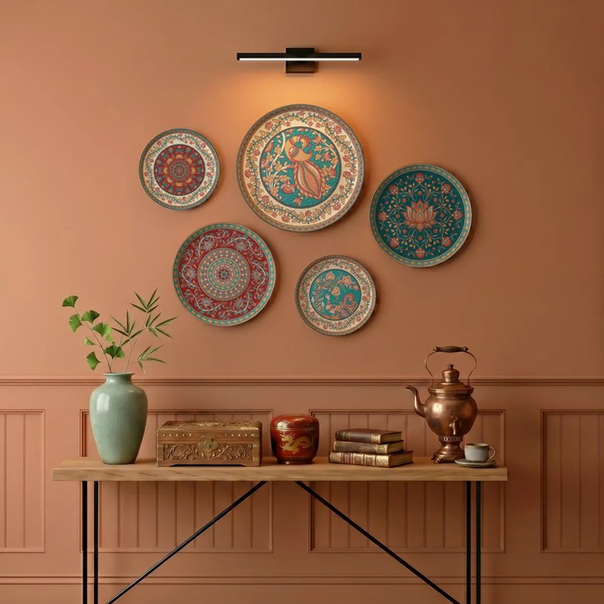 Five decorative round wall plates with peacock and floral motifs on a warm-toned wall
