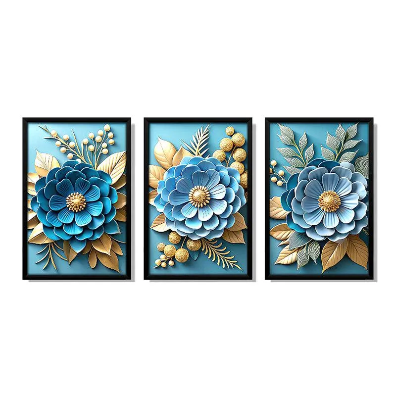 Cerulean Blooms Wall Art With Frame - Set Of Three media 3