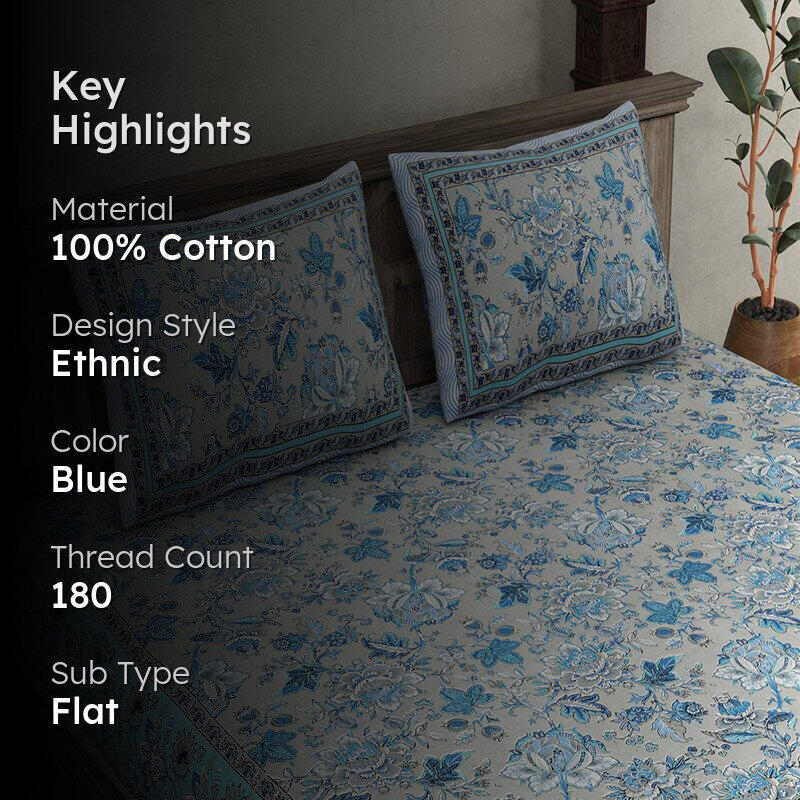 Dahlia Floral Cotton Bedsheet (Blue) - 180 TC media 2