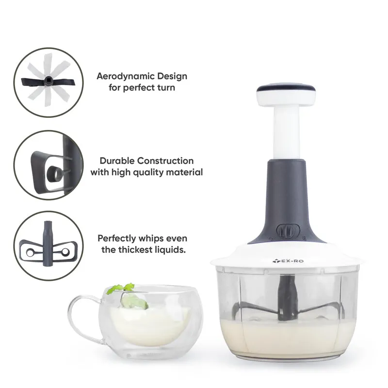 White and grey manual chopper shown with a whisk attachment and a bowl of liquid