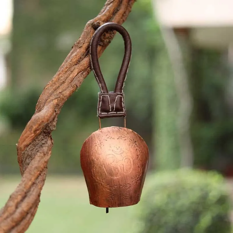 Sacred Om Engraved Rustic Metal Hanging Bell media 1