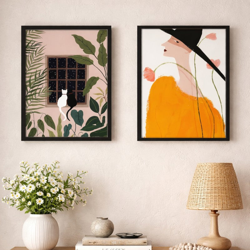 Garden View Paper Wall Painting With MDF Frame - Set Of Two