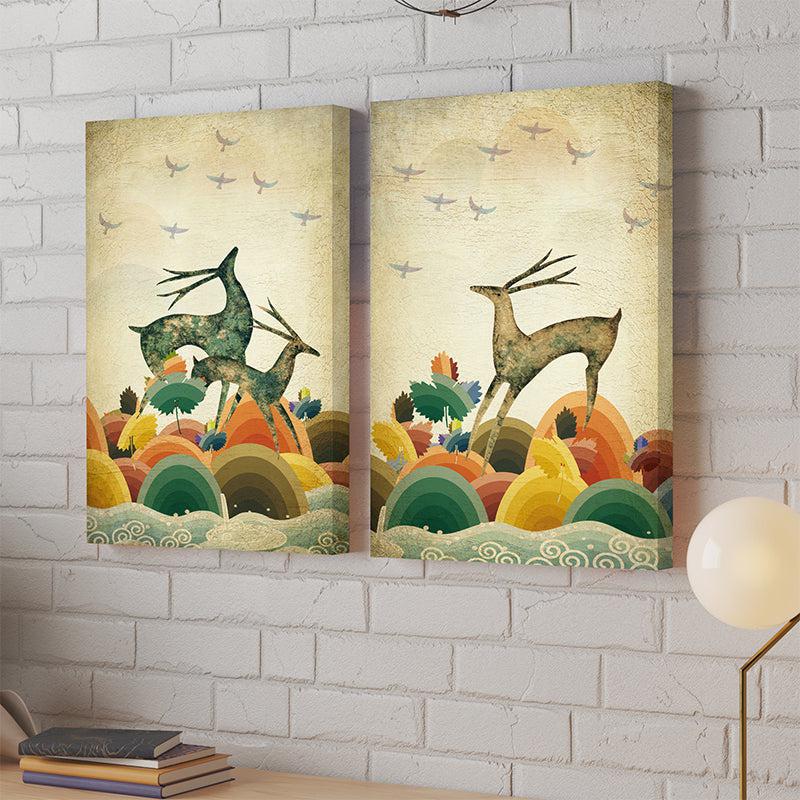 Deer Dance Canvas Wall Painting - Set Of Two