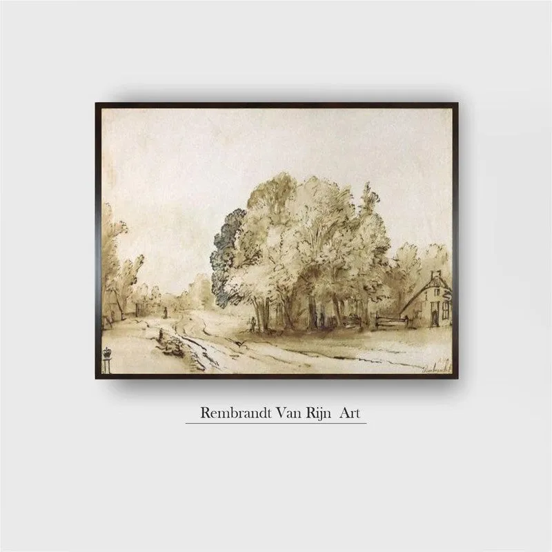 Front view of framed village landscape wall art on a plain light background
