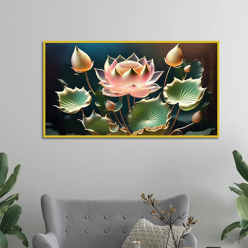Lotus Of Light Floral Canvas Wall Painting With Frame - Gold media 1