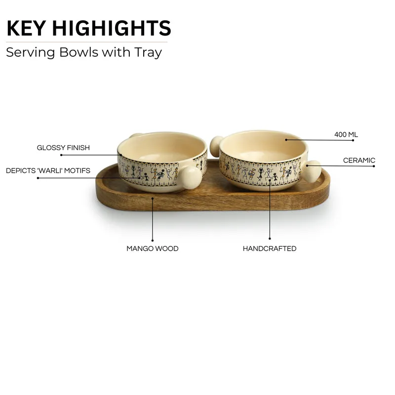 Warli Whirls Handcrafted Ceramic Bowl with Tray (400 ML) - Three Piece Set media 5