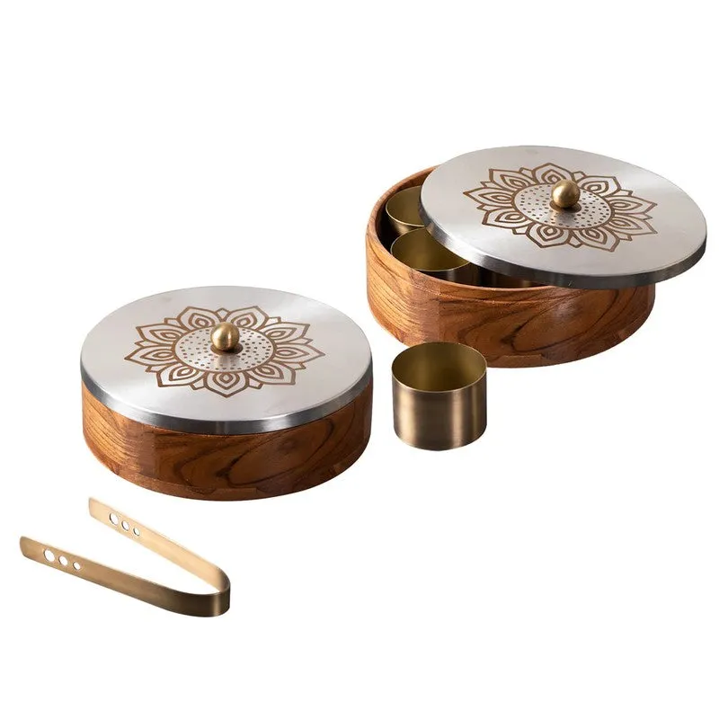 Grano Teak Wood Round Masala Box - Three Piece Set media 3