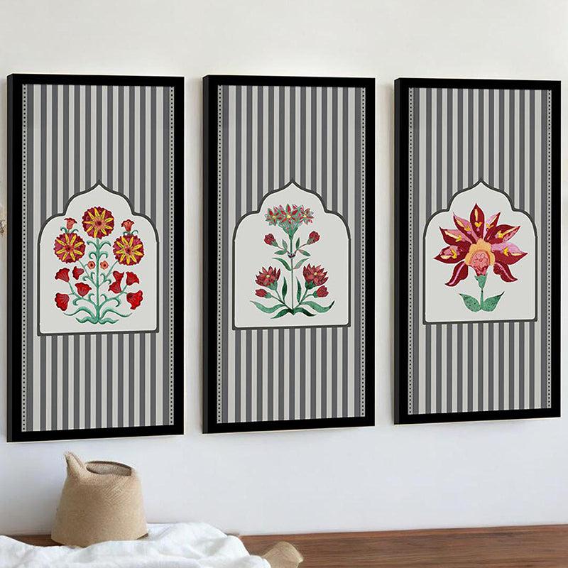 Gul-E-Rana Mughal Wall Art With Frame (Grey) - Set Of Three media 3