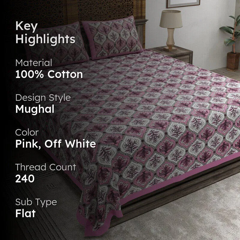 Nesty Cotton Bedsheet (Pink,Off White) - 240 TC media 2
