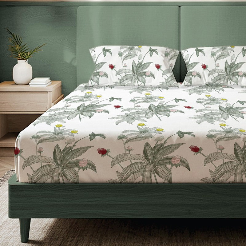 Emerald Blossom Floral Cotton Bedsheets (Green & White) - 200 TC media 3
