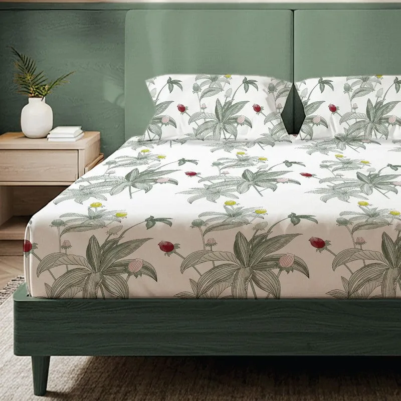 Emerald Blossom Floral Cotton Bedsheets (Green & White) - 200 TC media 3