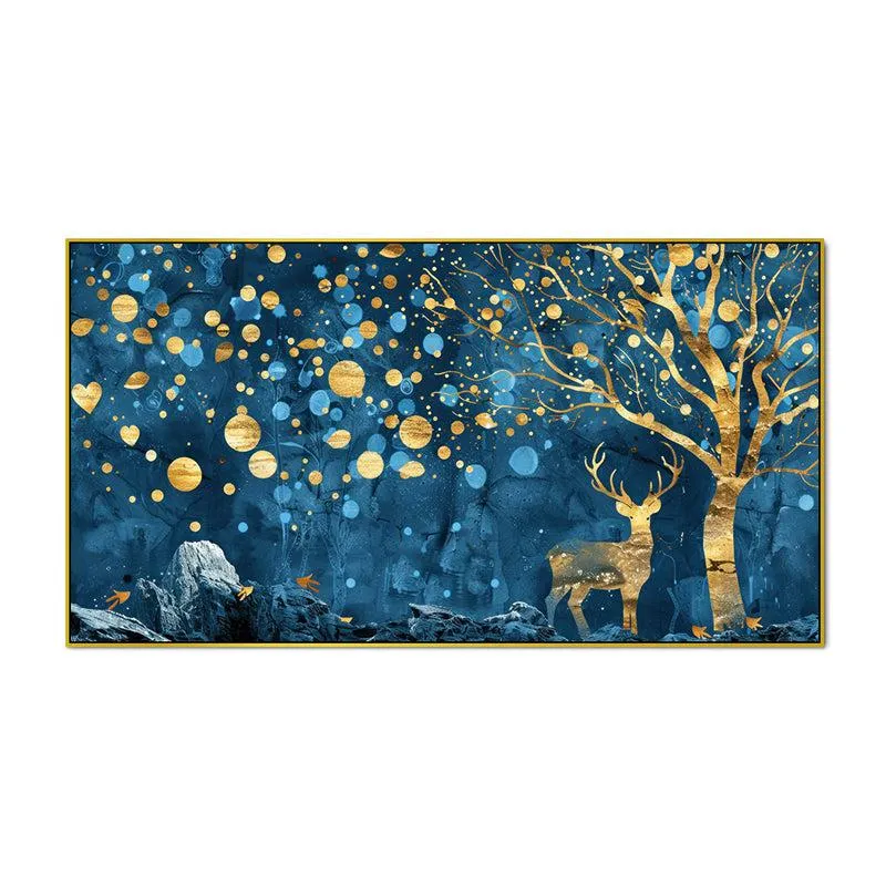 Gilded Indigo Forestscape Floral Canvas Wall Painting With Frame - Gold media 4