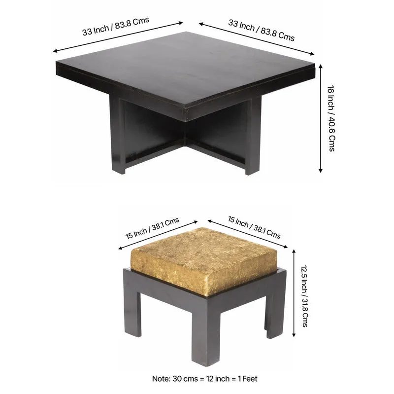 Evrino Sheesham Wooden Center Table with Stools and Cushions (Deep Brown,Gold) - Nine Piece Set media 9