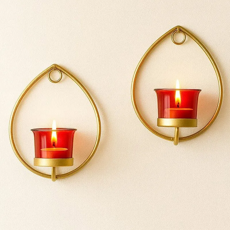 Gold Drip Sconce Candle Holder (Red) - Set Of Two media 1