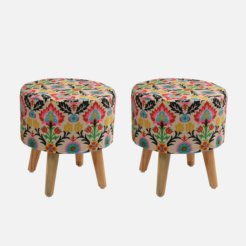 Avira Leaf Print Multicolor Engineered Wood Ottomans - Set Of Two media 3