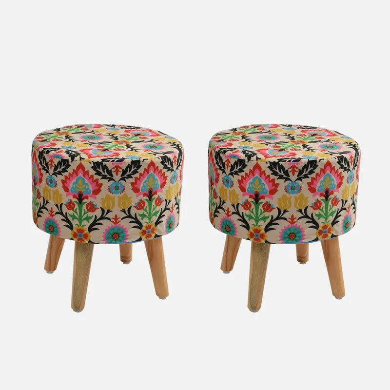 Avira Leaf Print Multicolor Engineered Wood Ottomans - Set Of Two media 3