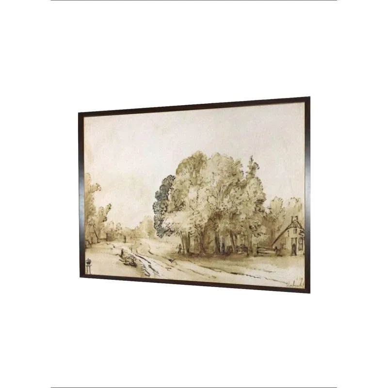 Angled view of framed village landscape wall art on a plain light background